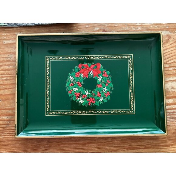 Vintage Otagiri Christmas Wreath Red Bow Green Lacquer Tray Gold Accents - Picture 1 of 4